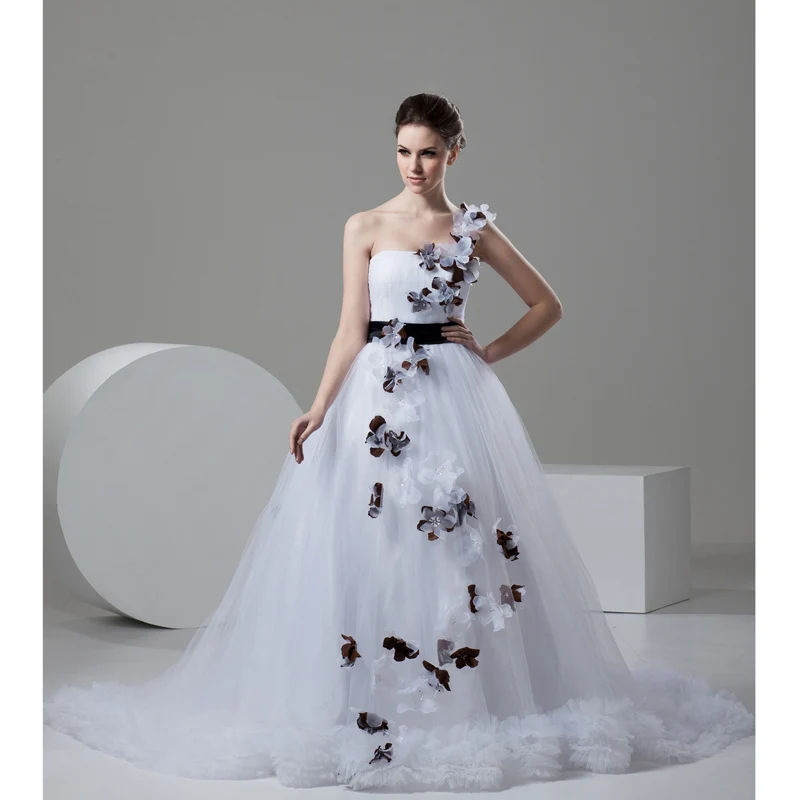 white wedding dress with black flowers