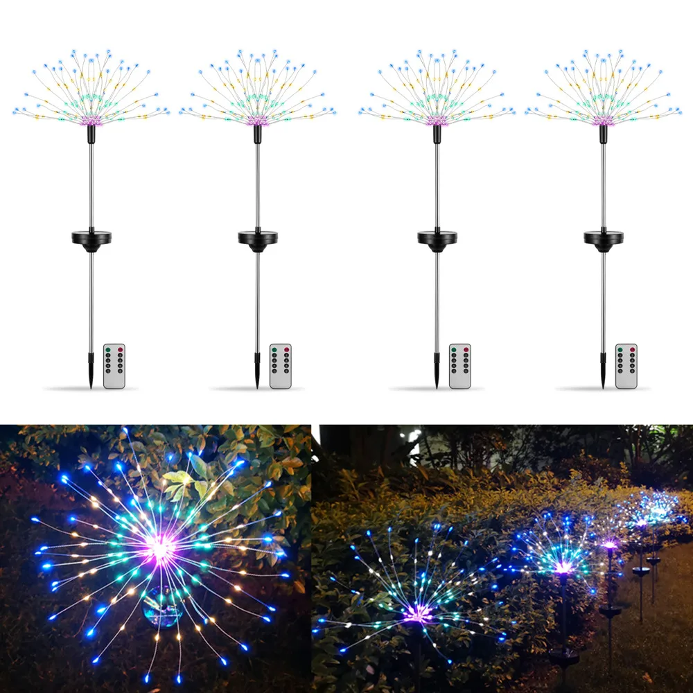 

4Packs Multicolored Led Solar Powered Starburst Firework Light Garden Plant Lawn Lamp Path Fairy String Light