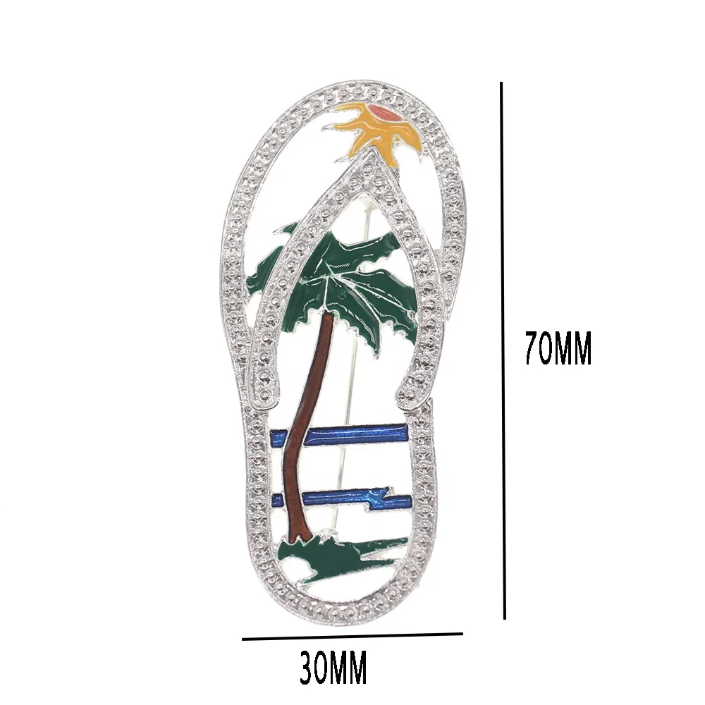 

Summer Beach Slippers Sun Palm Tree Pins Silver Plating Enamel Palm Tree Cut-out Flip Flop Shape Brooch Pin