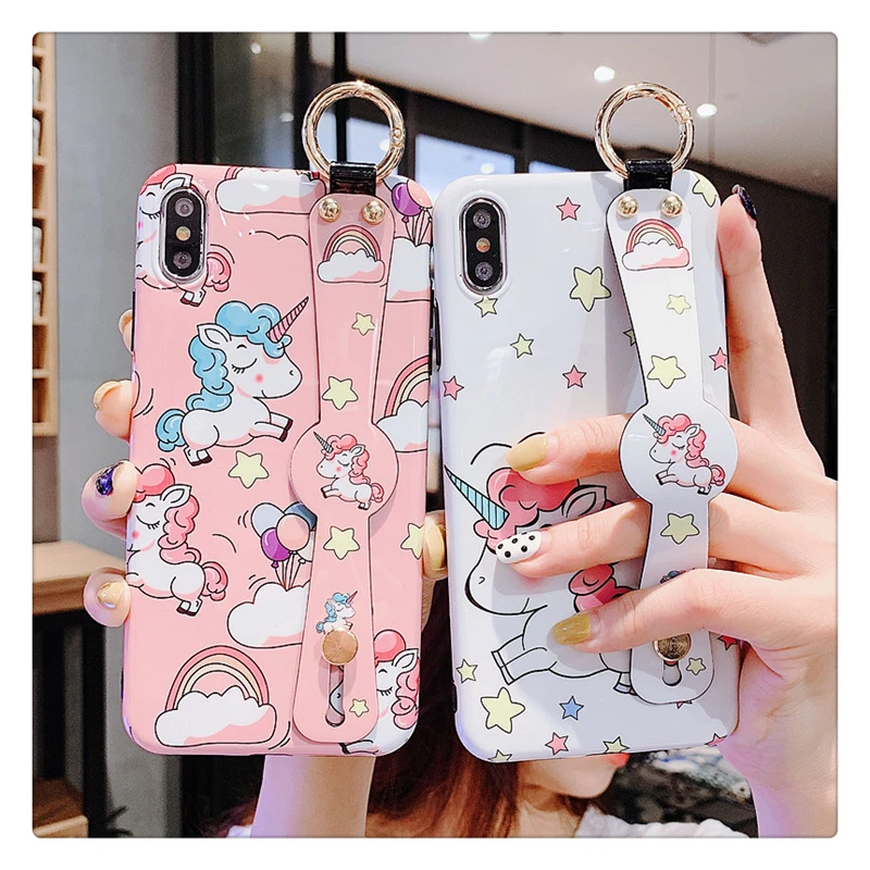 

For iPhone XS Max Cute unicorn Wrist band Case For iphone 8plus 7 8 6 6S plus Case For iphone X XR Soft TPU cover stander