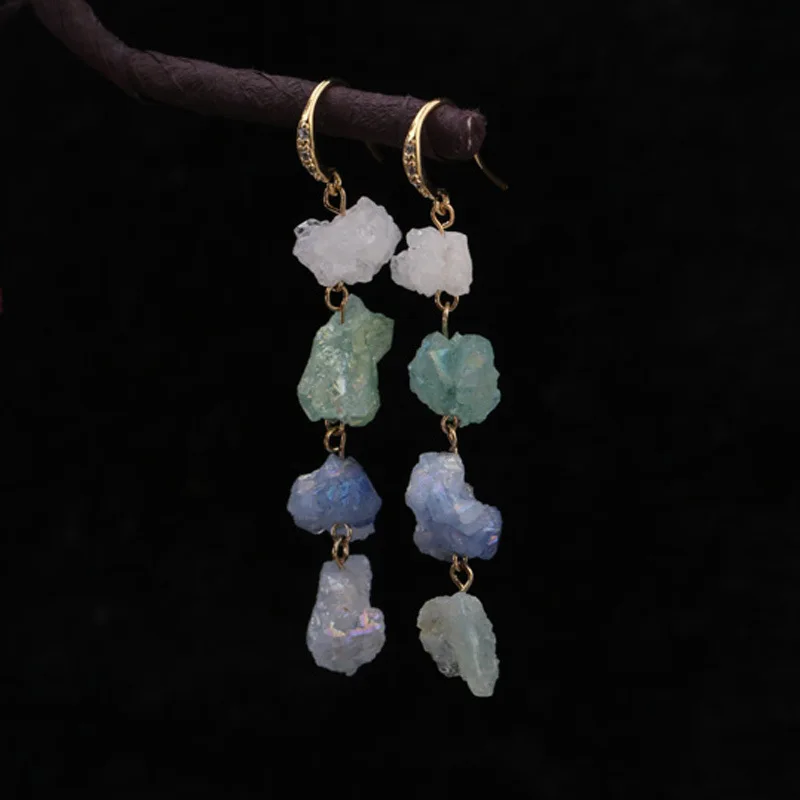 

925 Sterling Silver Hook designer handmade natural crystal long earrings