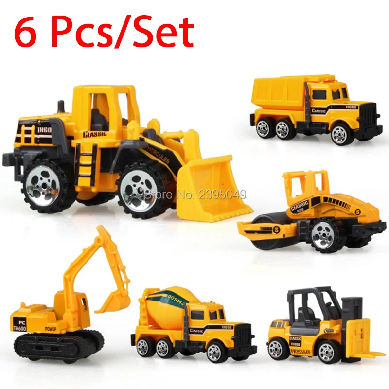 New 6pcs lot Mini Engineering Pull Back font b Toy b font Excavator Forklift Burrow Truck