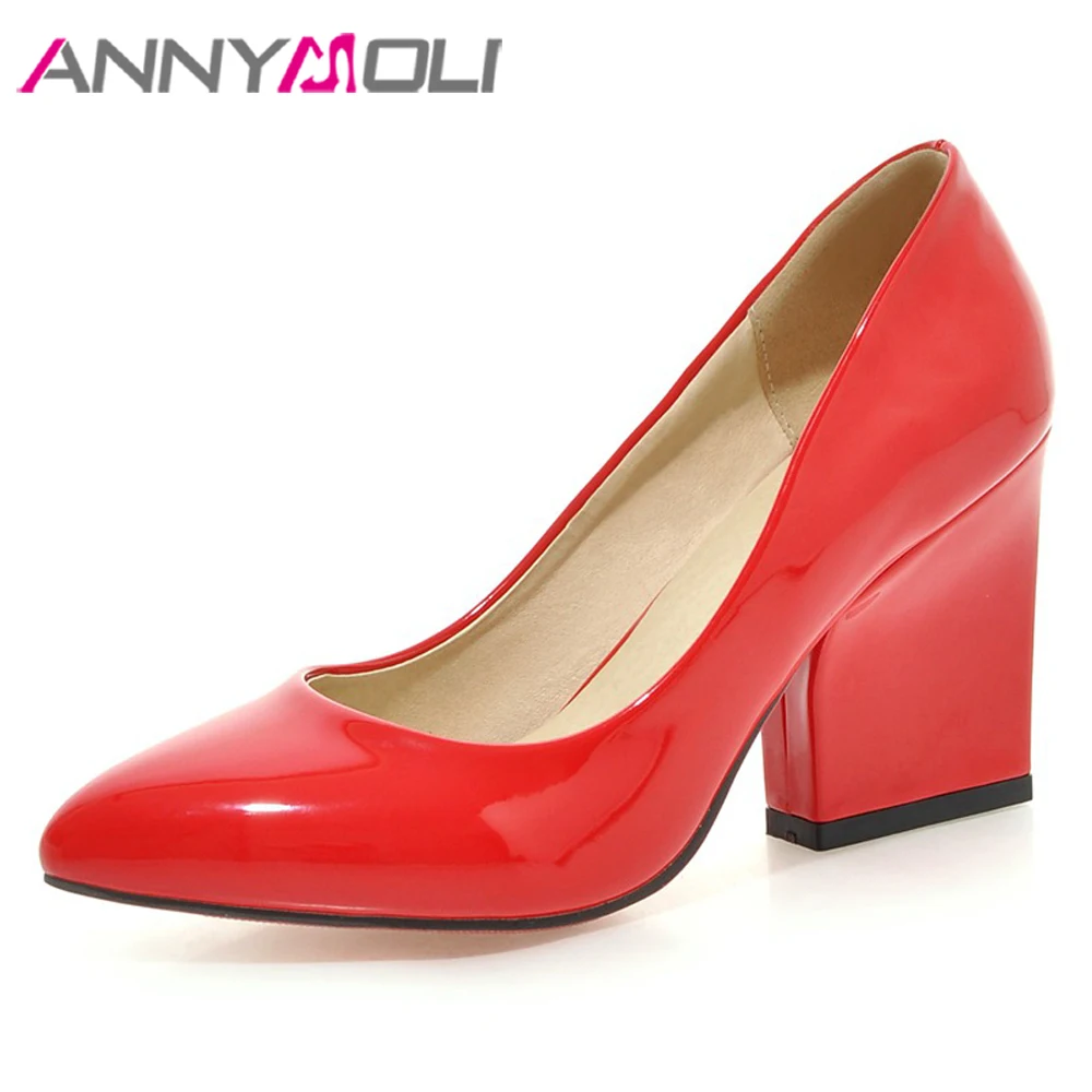 

ANNYMOLI High Heels Shoes Women Thick High Heels White Wedding Shoes Fashion Pointed Toe Party Pumps Female Red Plus Size 34-43