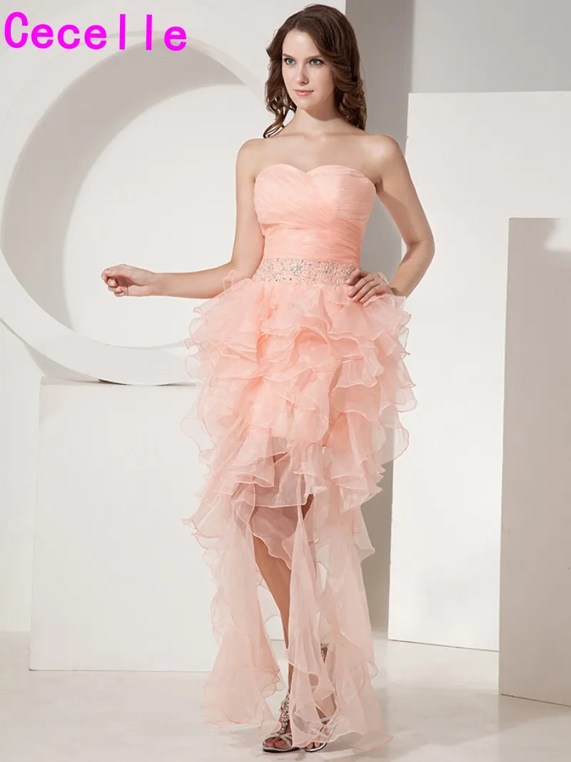 Coral High Low Cocktail Dresses Short Sweetheart Prom Dresses Ruffles