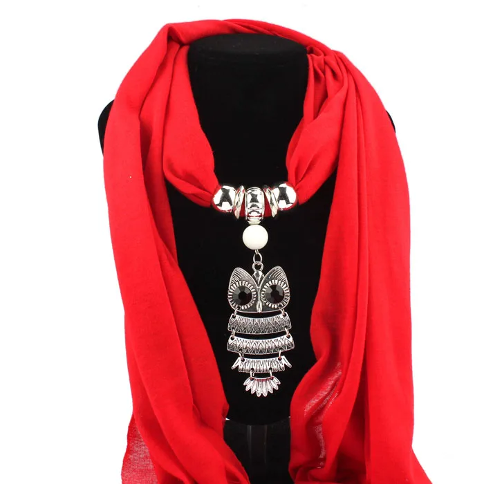 Autumn Scarf Women Necklace Scarves Luxury Owl Pendant Jewelry Tassels Scarf Winter Ladies Shawl Wraps Pashmina Bandana#LR10 - Color: Red