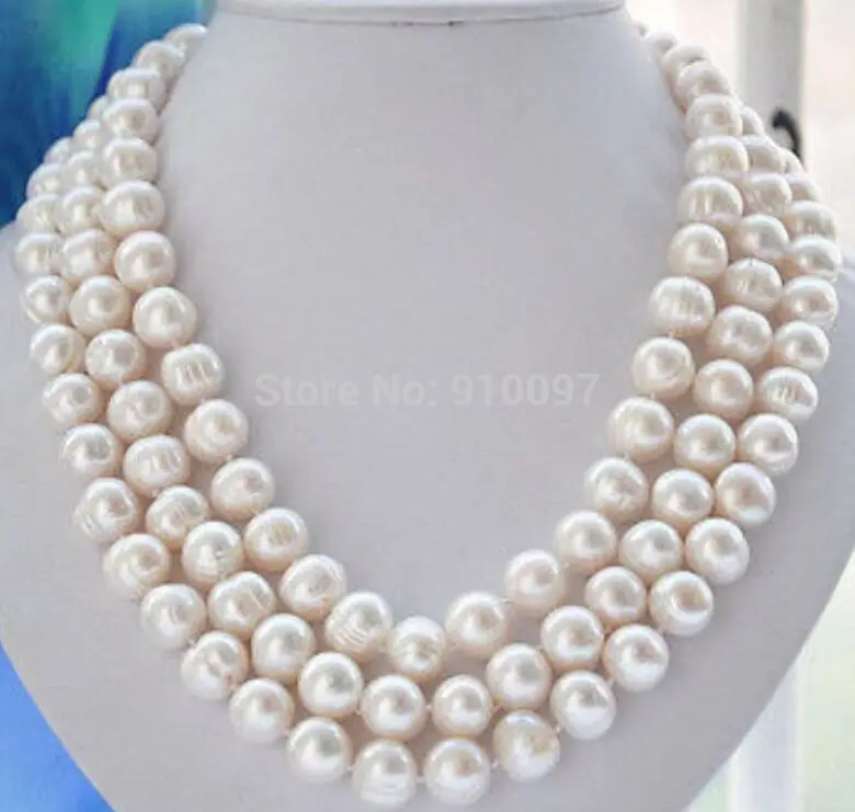 

LHX54013>>>3 rows 9-10MM White Freshwater culture Whorl Pearl Necklace