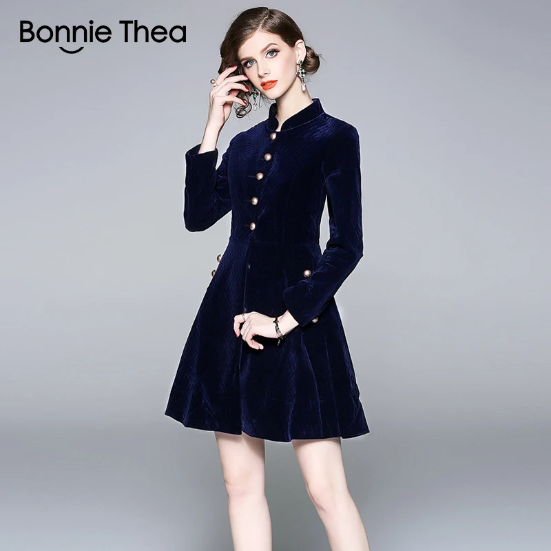 

Bonnie Thea women Winter blue Velvet elegant dress vestido lady evening party dress women short dresses womans clothing 2018