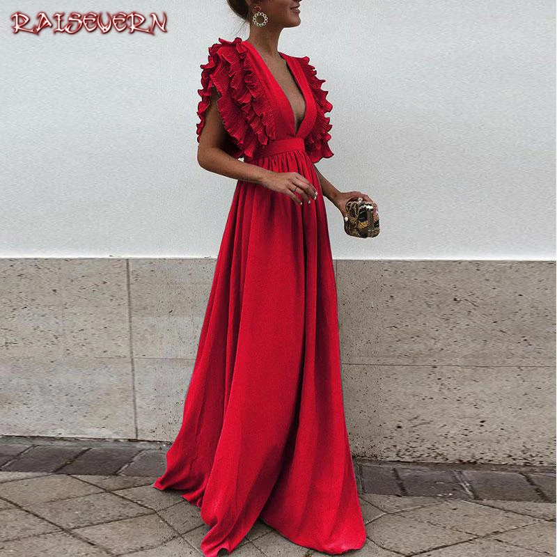 

RAISEVERN Fashion Summer Ruffle Maxi Red Dress Sexy Deep V-neck Backless Women Evening Party Long Dresses Elegant Female Vestido