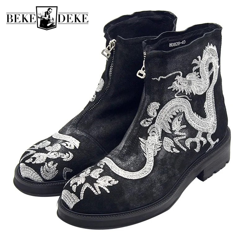 

Embroidered Silver Dragon Ankle Boots Men Vintage Platform Zip Round Toe Cowboy Boots Casual Party Botas Winter Runway Shoes Men