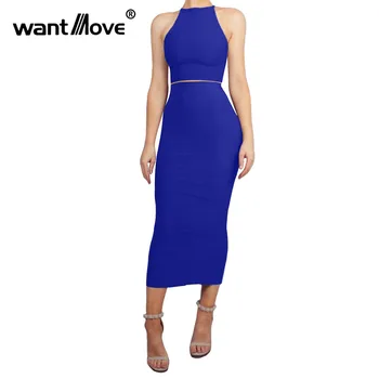 

Wantmove 2018 summer new casual two-piece bodycon solid color sleeveless shirt sexy bag hip and leg belly skirt two-piece JZ465