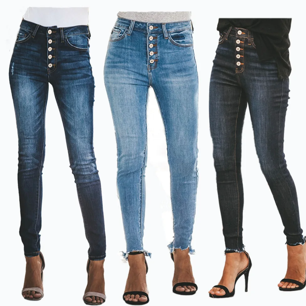 Летний Новый Лидер продаж кнопка дамы джинсы тонкий высокая талия повседневные джинсы отверстие женские джинсы ретро Облегающие штаны
