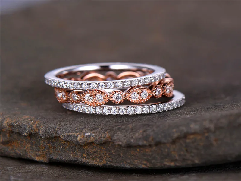JUNXIN 90% OFF! Luxury 3pcs/Set White Zircon Ring Sets For Women Rose Gold Filled Bridal Engegament Ring Stackable Midi Jewelry