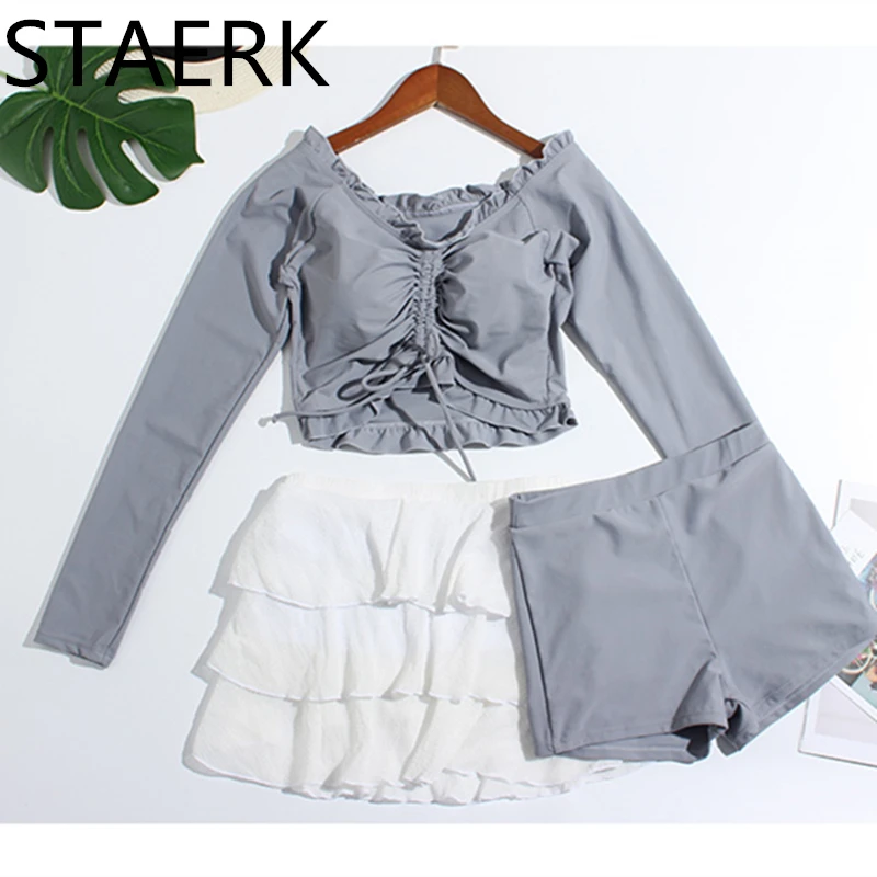 

Tankini Swimsuit Women Swim Skirt Swimwear 2019 Femme Vintage Swim Mesh Beach wear Long Sleeve short pants protection