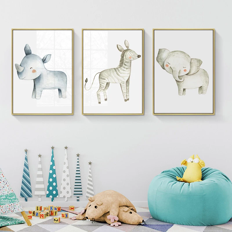 Watercolor Nursery Print Jungle Baby Animals Canvas Art Painting Posters Rhinoceros Elephant Zebra Pictures Baby Room Wall Decor