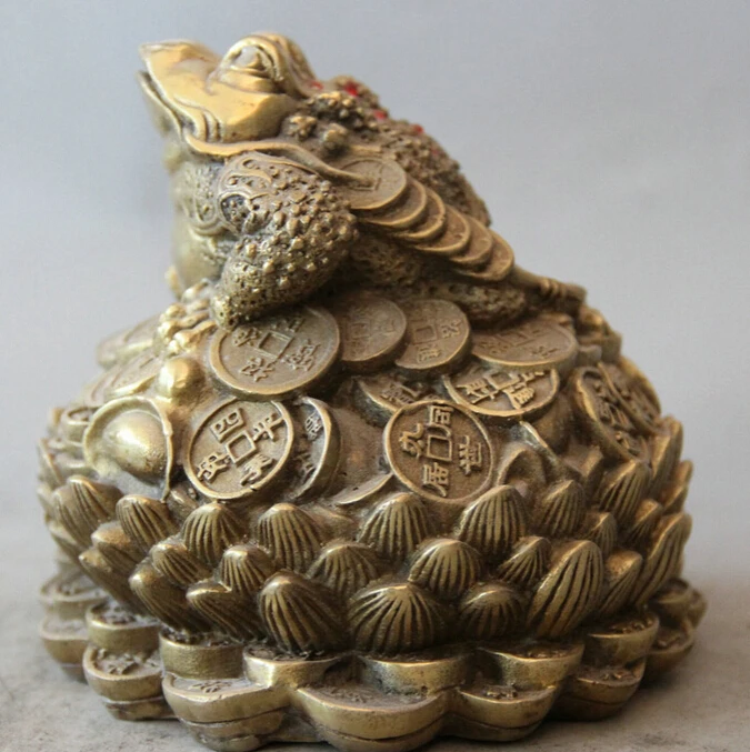 

5" Chinese Brass Golden Toad Spittor Lotus Flower Wealth Rich Statue Sculpture S0706