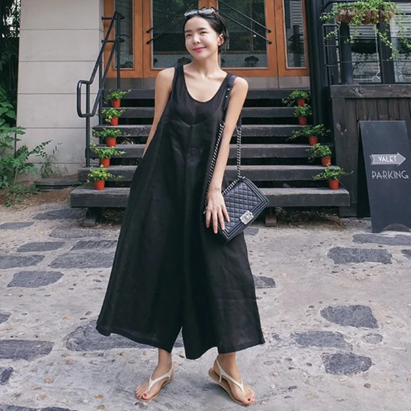 black TVVOVVIN Summer Cotton Sleeveless Jumpsuits Women Wild Casual Fashion Wide Leg Pants Female Loose Pluz Size Jumpsuits C106 - Цвет: black
