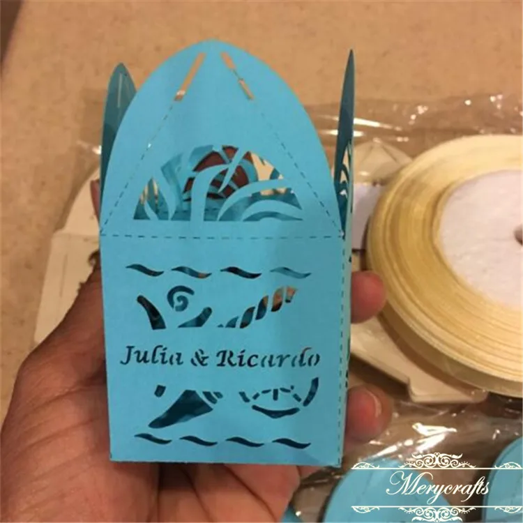 

Summer theme laser cut sea shells blue color party wedding favor boxes