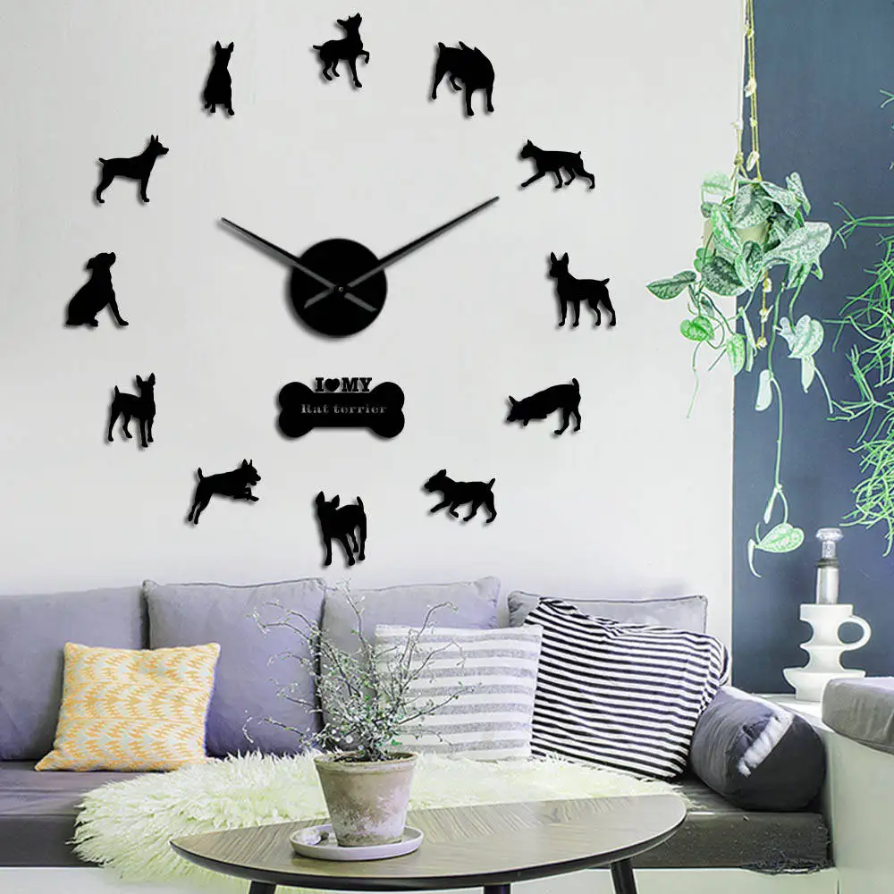 

Rat Terrier Dog Wall Art Giant DIY Wall Clock Animal Dogs Companions Pet Store Decor 3D Mirror Effect Self Adhesive Wall Watch