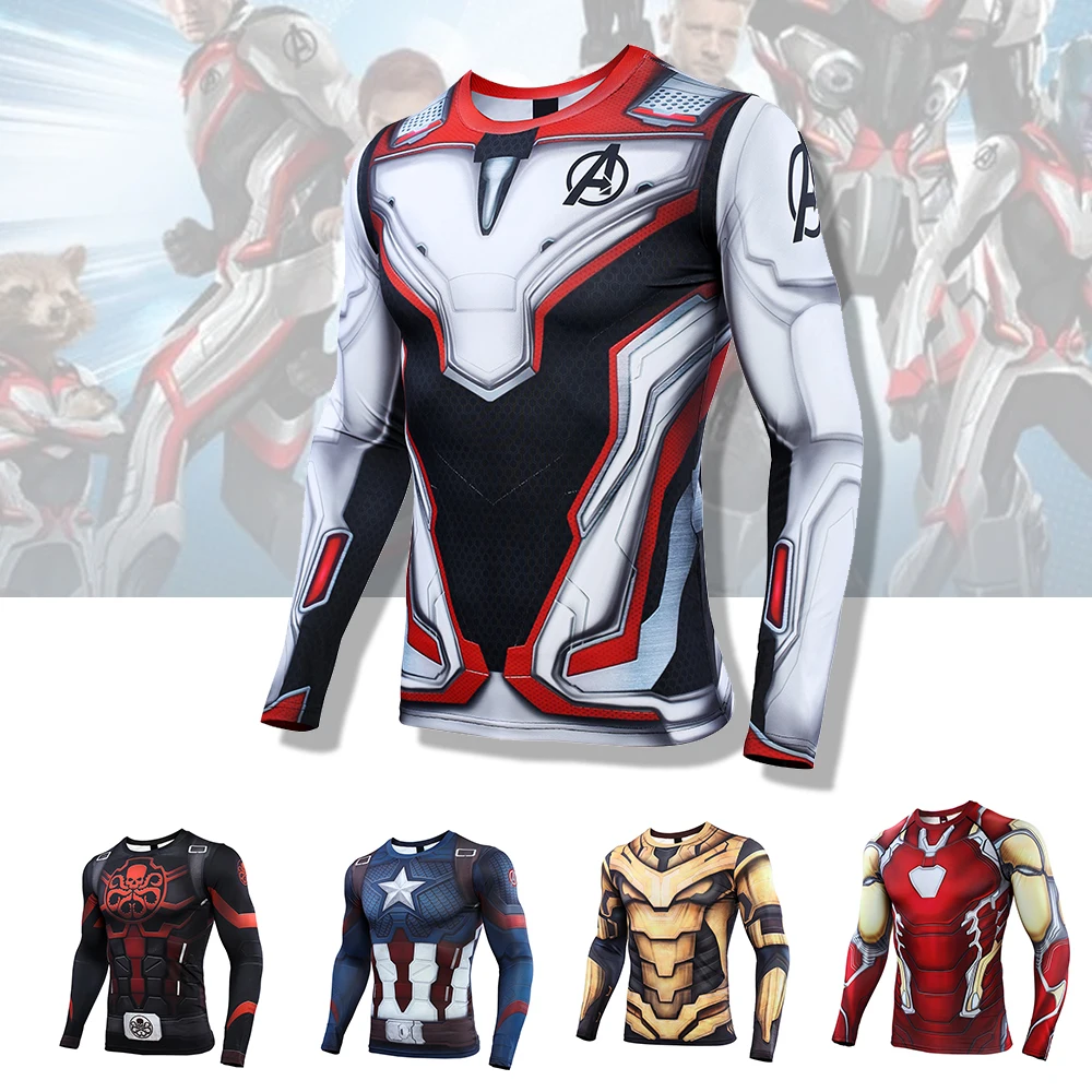 

Avengers Endgame Men's Compression Long Sleeve Training Workout Round Necks 3D Superhero Fitness Tee Shirts Apparel