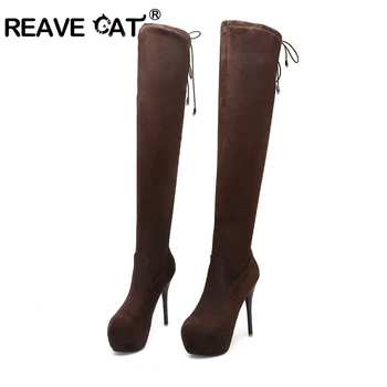

REAVE CAT 2018 Over The Knee Boots Thih High Heel Women Boots Sexy Ladies Stretch Fabric Fashion Boots Lace-up Shoes women A983