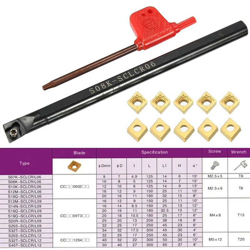 S08K-SCLCR06 Turning Tool Holder Boring Bar + 10pcs CCMT060204-HM Blades Inserts + T8 Wrench For Lathe Turning Tool Mayitr
