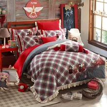 Country Style Plaid Ruffle Bedding Sets Duvet Cover Bed Sheets High Quality Pure Cotton Fabric Reactive Printing Bedroom Sets