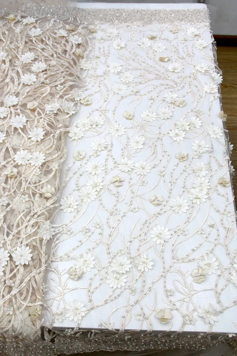 

Top grade handwork floral embroidery sequins 3D lace fabric with rhinestones and crystals for wedding dress New arrival