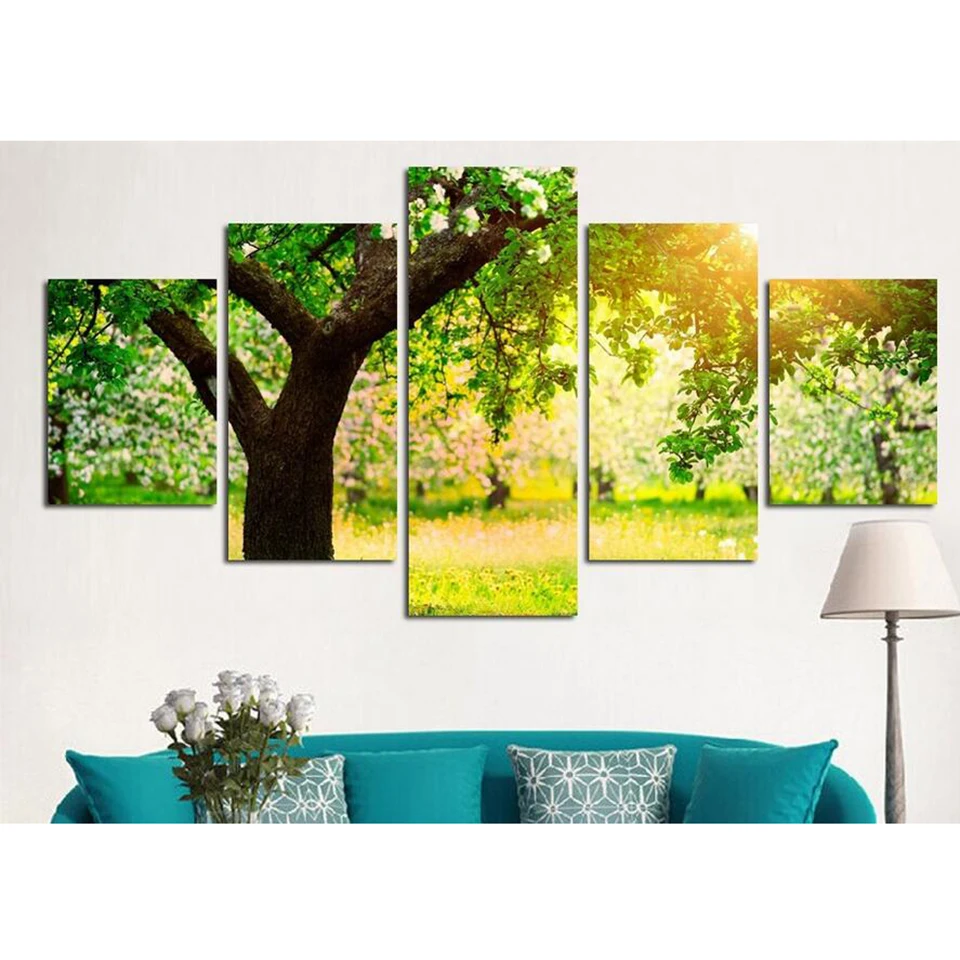 

Canvas Tableau Painting Modern Art Live Wall 5 Piece Summer Green Tree Sunshine Landscape Decoration Modular Picture Poster