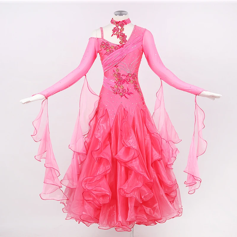 2018 Ballroom Competition Dance Dress Women Custom Made Rose Red Long Sleeve Standard Waltz