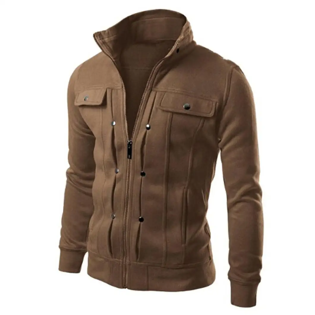 Осенние мужские куртки, тонкий кардиган с отворотом, пальто, Зимняя Теплая мужская куртка, верхняя одежда с карманами, одноцветная повседневная куртка на молнии, пальто - Цвет: Coffee
