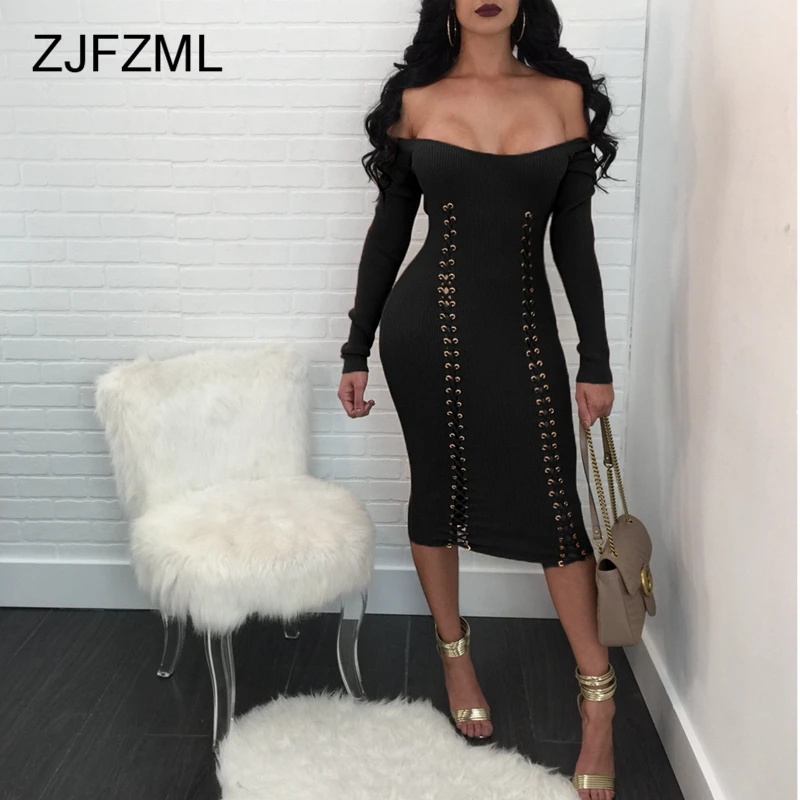 ZJFZML Women Sweater Dress Sexy Off Shoulder Midi Bandage Winter Kintted Full Sleeve Lace Up Slim Causal Club Vestidos | Женская одежда