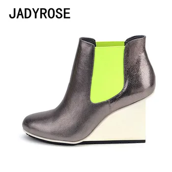

Mixed Color Women Ankle Boots Real Leather Winter Short Booties 8cm Wedge Botines Mujer 2018 Ladies Chelsea Boot Shoes Stilettos