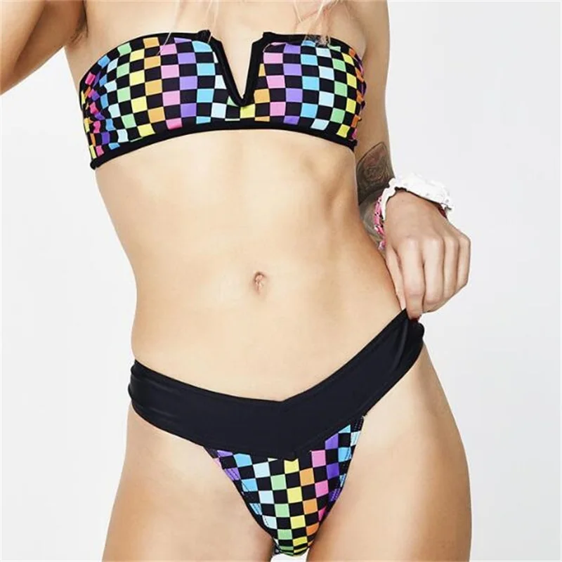 2019 multicolored diamond bandeau Deep-V chest Top Strap Bikini set Women Swimsuit Swimwear Brazilian bikinis mujer Bathing Suit