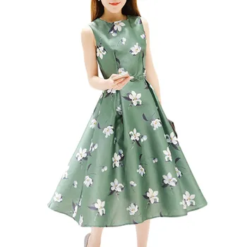 

Women Sexy Summer Dresses Solid Green Floral Print High Waist Vintage Dress Women Female Retro Vintage Dresses M-2XL New
