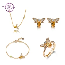 Подвески пчела дизайн 925 пробы серебряные Ювелирные наборы цитрин кулон ожерелье серьги кольцо подарочные браслеты и ювелирные изделия для женщин