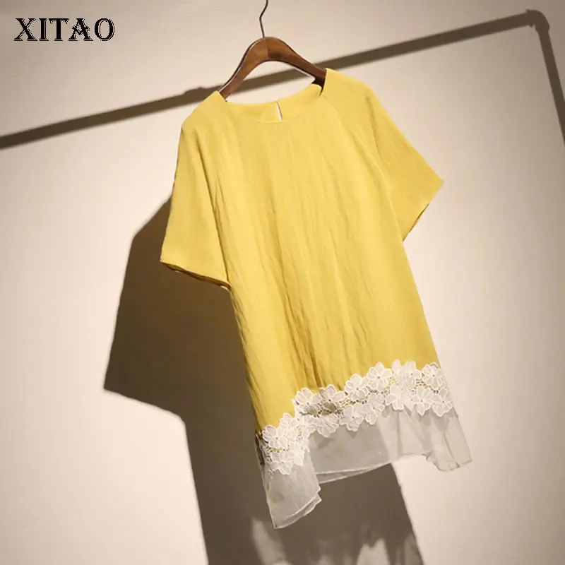 [XITAO] Европейская Новая Летняя мода женские кружевные лоскутные сетчатые футболки женские с коротким рукавом и круглым вырезом пуловер тройники KZH2013
