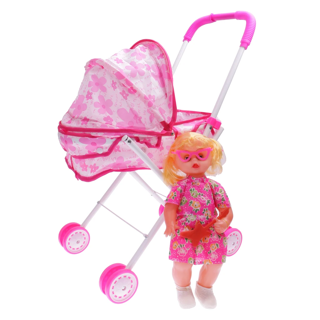 Baby Doll w/ Stroller Pram Buggy Girls Junior Toy Foldable Pushchair Kid Toy