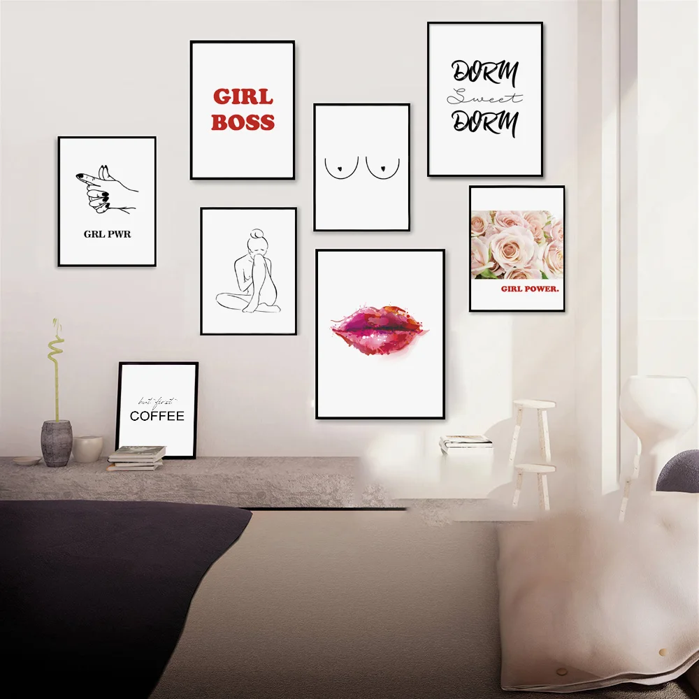 

Home Decor Wall Artwork Canvas Painting nordic style Line Girl Flower Quote Feminist Print Posters Modular Picture Bedroom