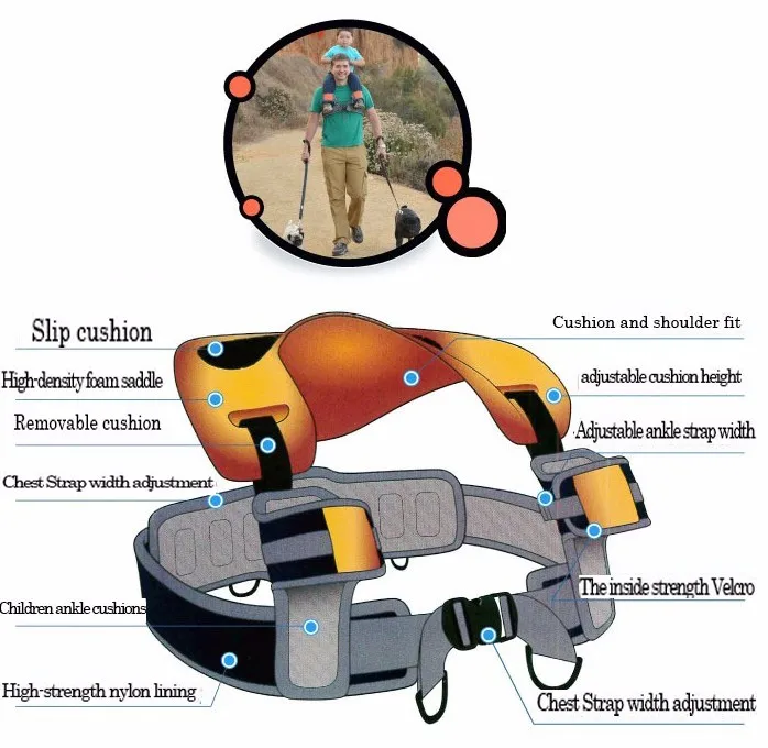 Hands Free Shoulder Carrier with Ankle Straps and Cushioned Hip Seat Nylon Child Strap Rider travel back frame infant saddle