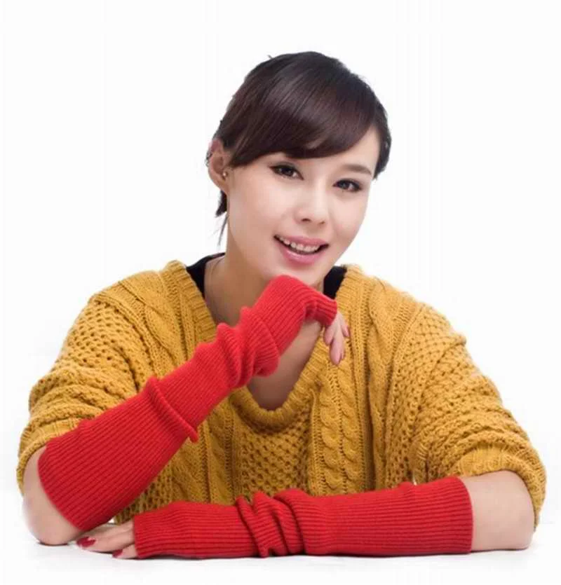 Горячие продажи кашемировые длинные перчатки 40 см половина пальцев теплые запястья рукава палец отверстие открытый палец женский прекрасный