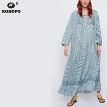 ROHOPO EU size Women Long Sleeve Long Dress Vintage Pleated Maxi Laies Loose Vestido Sky Blue Multiways Dress #UK9405 sky blue half sleeve maxi dress