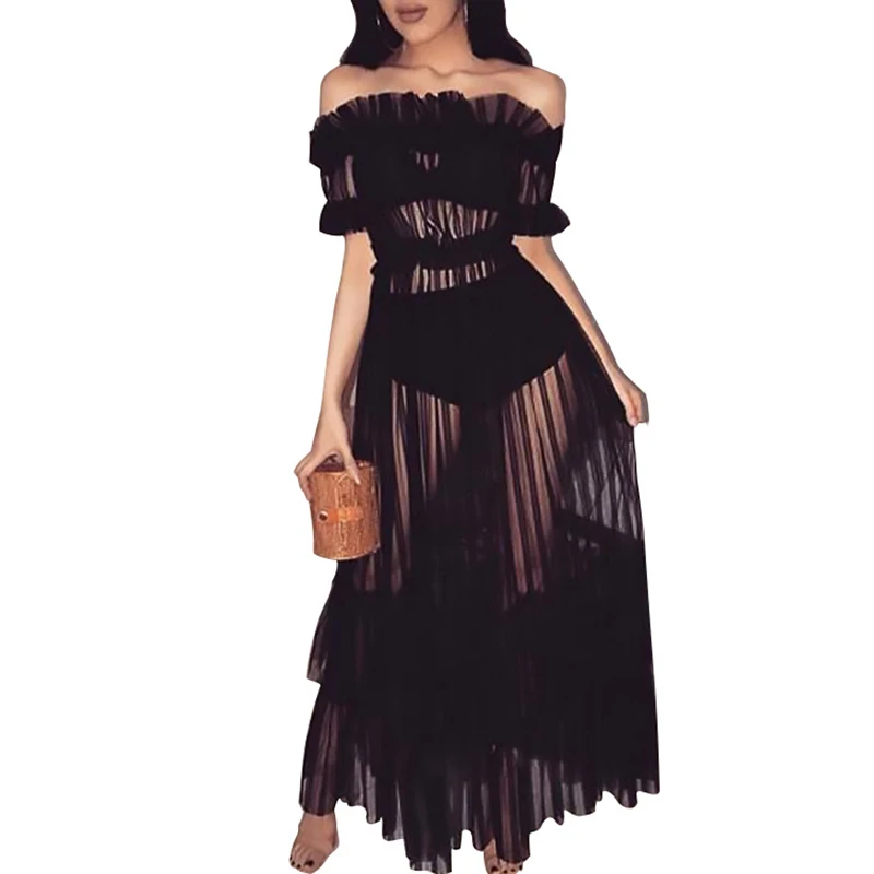 

Summer Long Maxi Dress 2018 Womens Casual Short Sleeve Sexy Off shoulder Striped Tulle Black Red Club Party Dress
