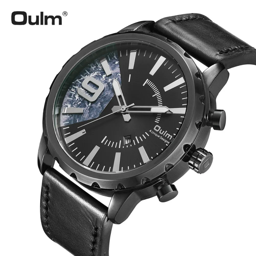 

OULM Minimalist Casual Quartz Watch Men Top Brand Luxury Genuine Leather Strap Big Size Case Simple Design Wristwatch for Man