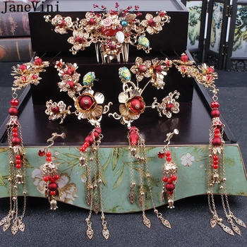 

JaneVini Classic Chinese Bridal Headdress Costume Ancient Red Flower Hairpin Beaded Women Jewelry Hair Accessories with Earrings