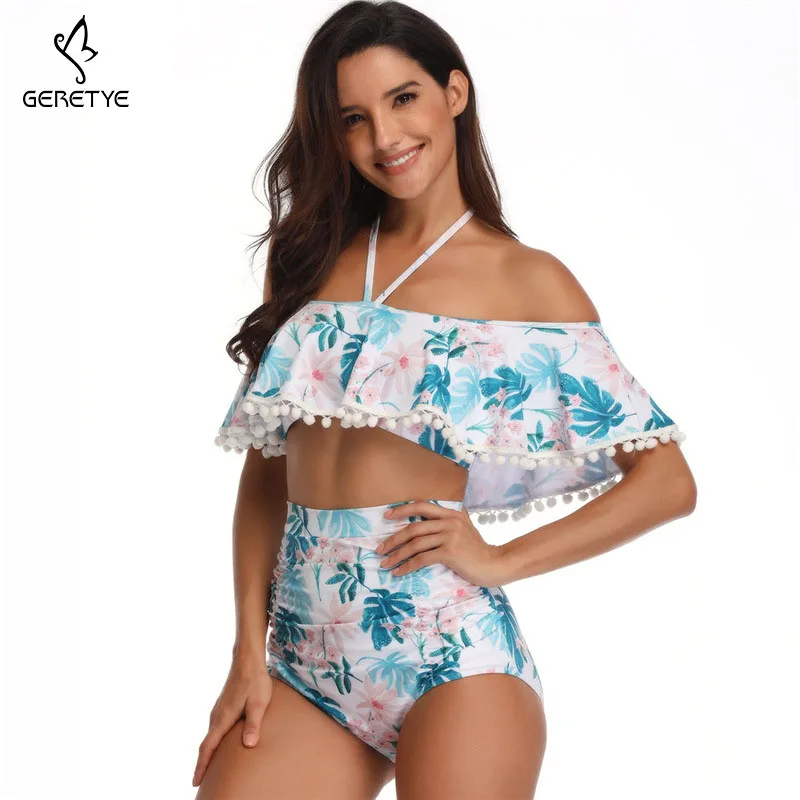 2019 Fashion Parent-child Swimwear New Floral Print Women Child Two Pieces Falbala Halter Tops Female Kid Suit Sexy Swimsuit