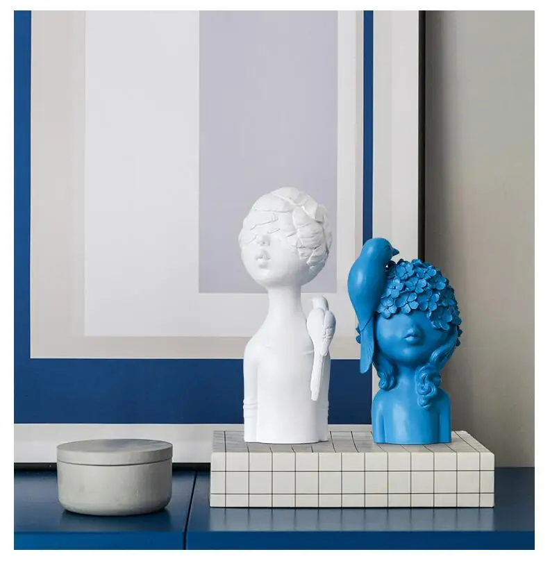 Nordic Style Resin Cute Blue White Bird Girls Decorative Figurines Office Livingroom Desktop Statue Home Furnishing Decor Crafts