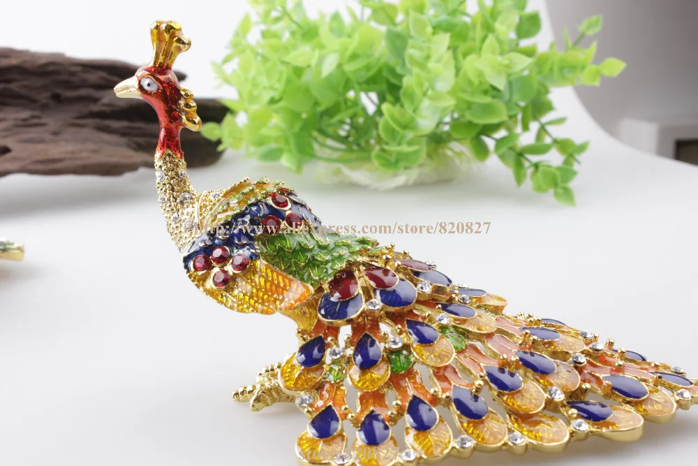 Nature Keepsake Box, Trinket Box, Painted, Blue, Yellow and Green Peacock Trinket Box Peacock Jeweled Enamel Metal Display Box