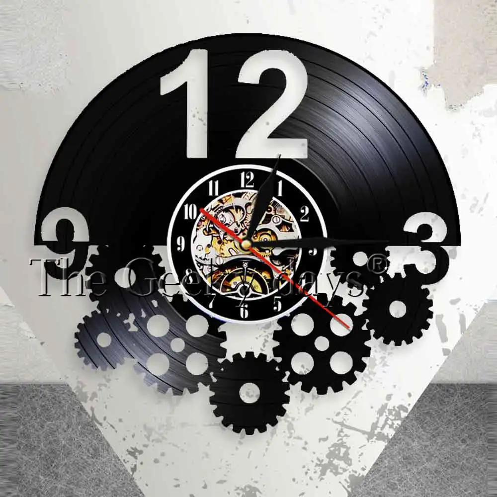 

Gears and Cogs Wall Art Steampunk Ornaments Decor Vinyl Record Wall Clock Gift for Cyclist Cycling Fan Cogwheels Retro Clock