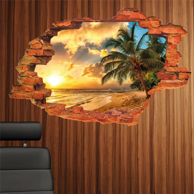 through vintage brick wall sticker beach sea beautiful view wall decals