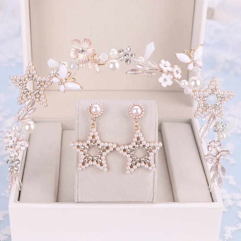 

New Gold Crystal Flower Headband Baroque Bridal Pearl Hairbands Star Headdress Wedding Hair Accessories Bride Tiara Jewelry Set